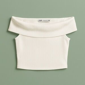 ZARA Ribbed white Off-Shoulder Crop Top – Size Small